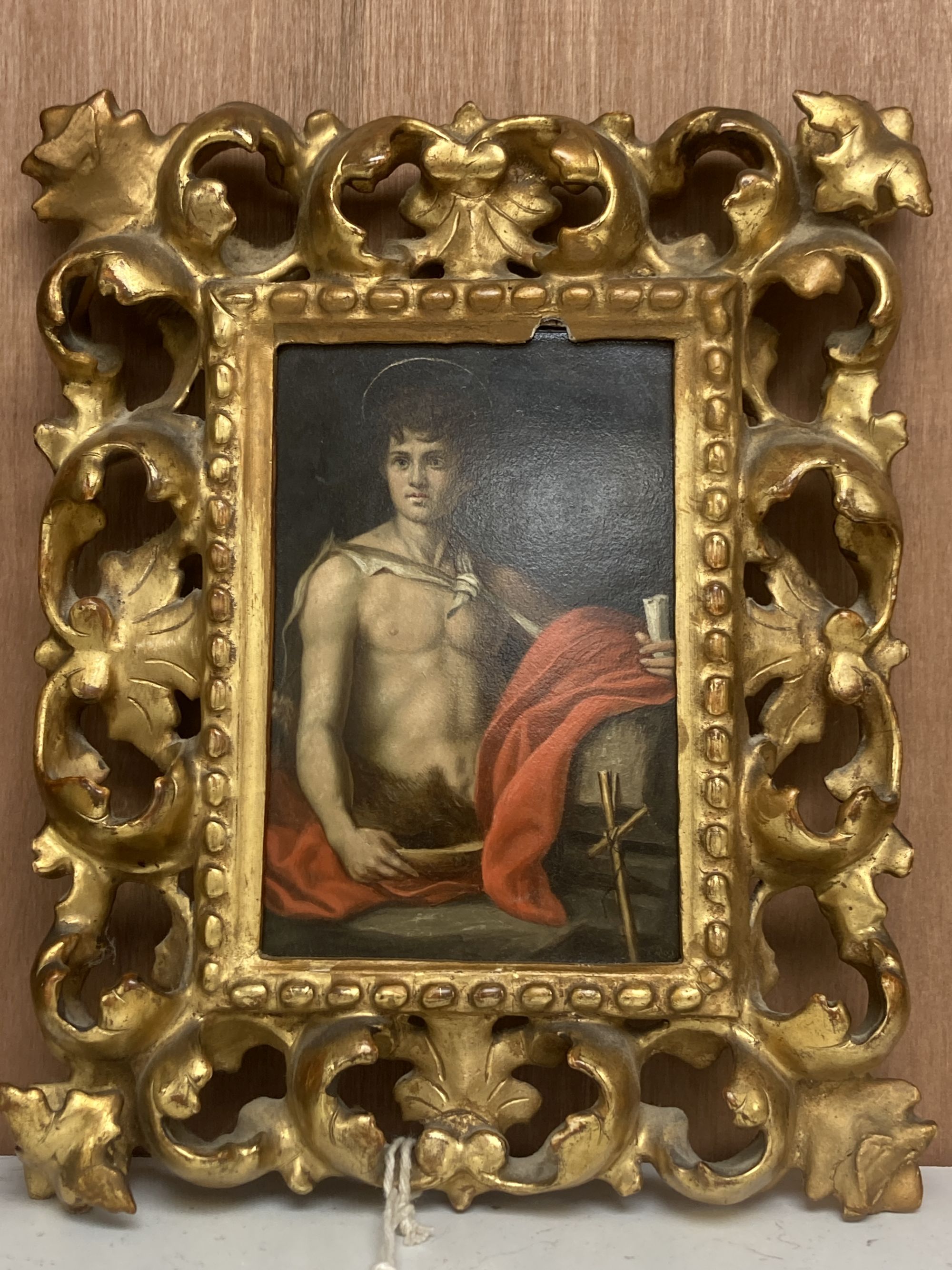 19th century Italian School, oil on panel, John the Baptist after Genovo Cali, 14 x 9cm, Florentine framed
